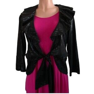 NWT MISHCA Tie‎ Front Jacket Topper Black Tonal Animal Print Ruffle Size Small